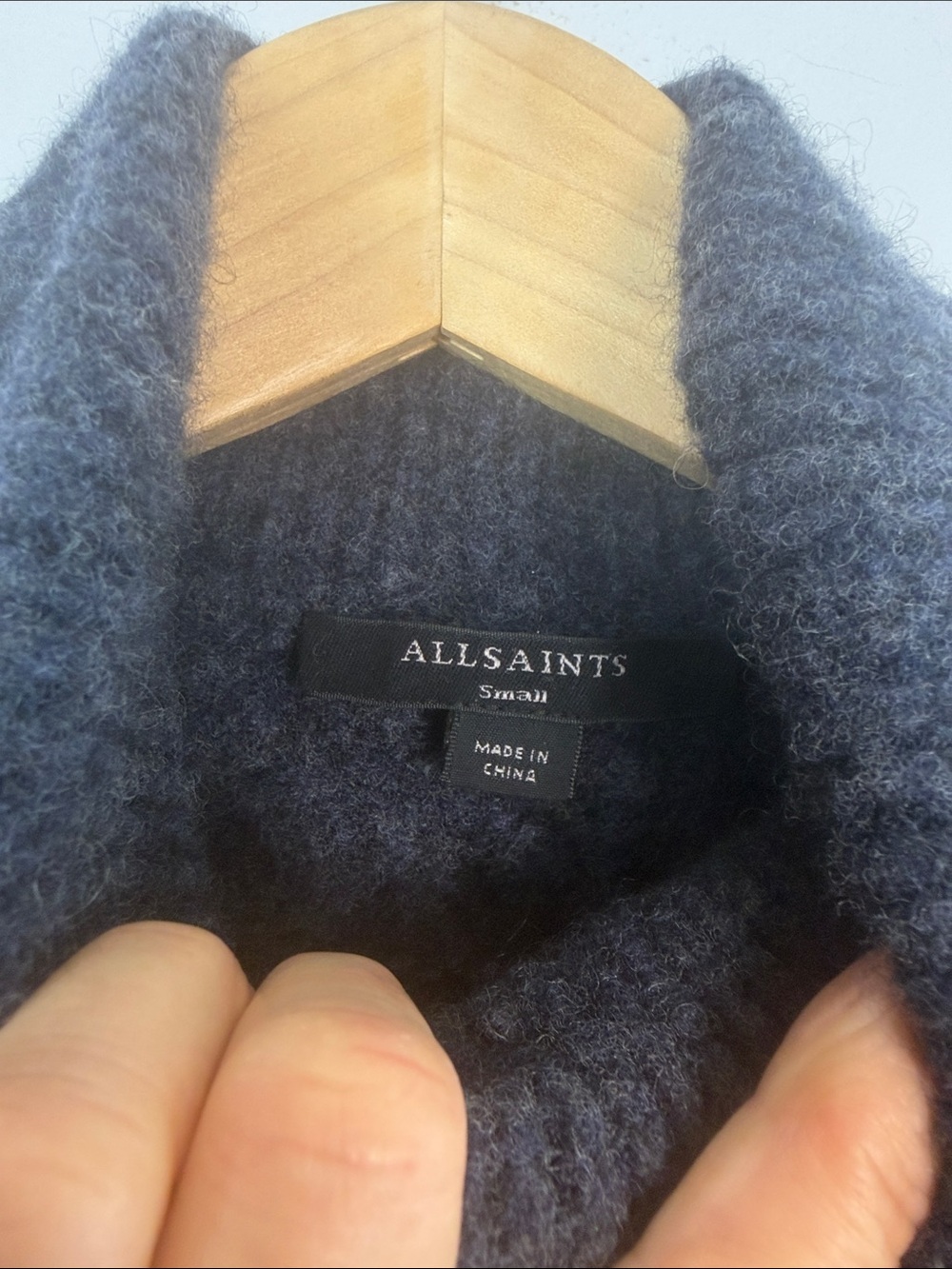 All Saints Claude Cropped Sweater Chunky Cable Knit Mock Neck Wool Blend SM Blue - Picture 15 of 16